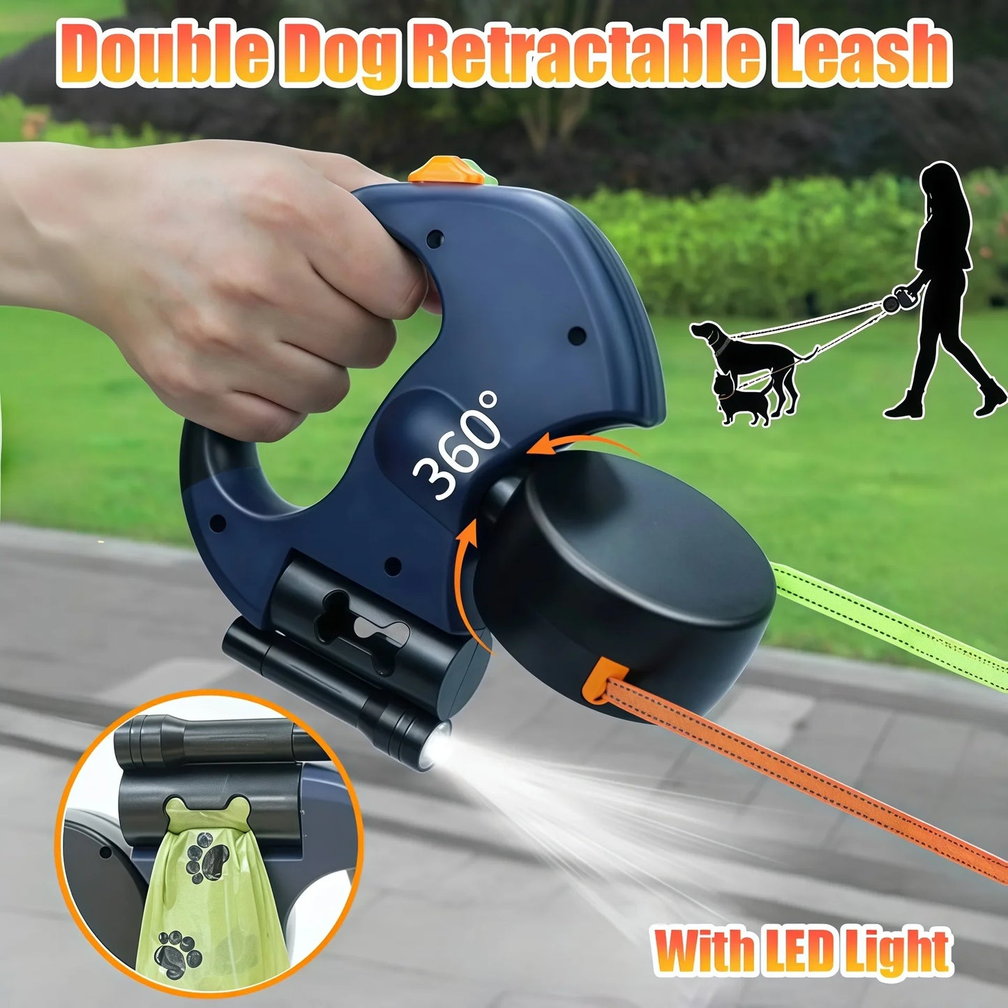 Reflective Tangle-Free Retractable Double Dog Leash™